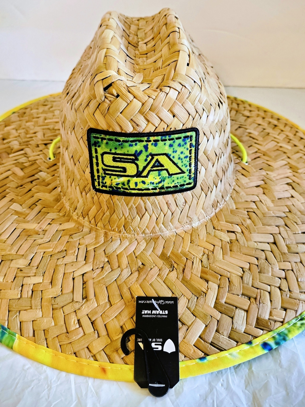Straw Sun Hat for Men - Natural with Neon Yellow-Green Trim New With Tag